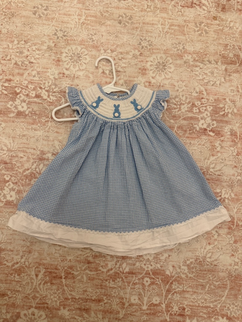 Smocked Blue Gingham Girls' Casual Dress with Bunny Motif